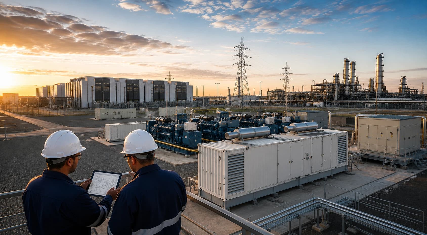 ACE Engineering team overseeing containerized power generation units at an industrial site at sunset